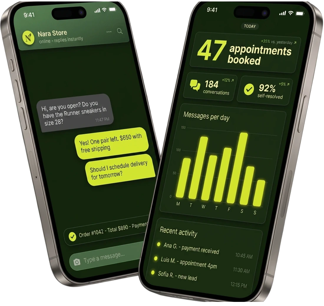 The Jemba app on two phones: the assistant chat and the metrics dashboard