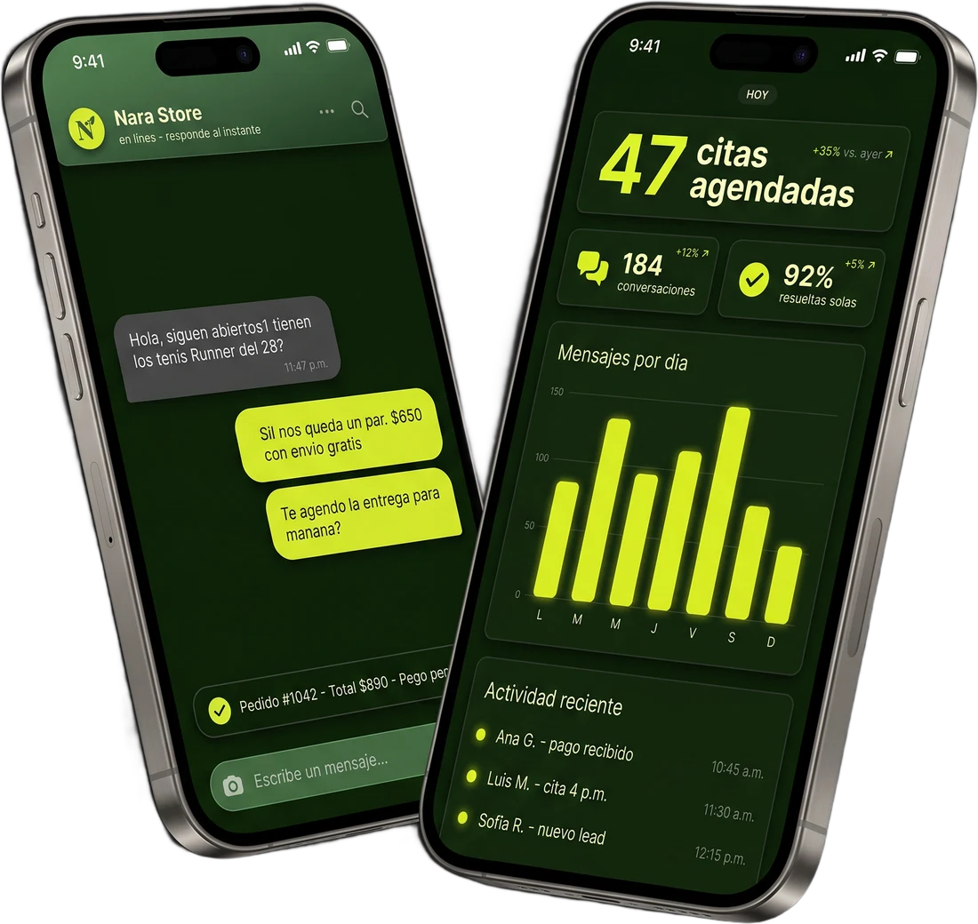La app de Jemba en dos teléfonos: el chat del asistente y el panel de métricas