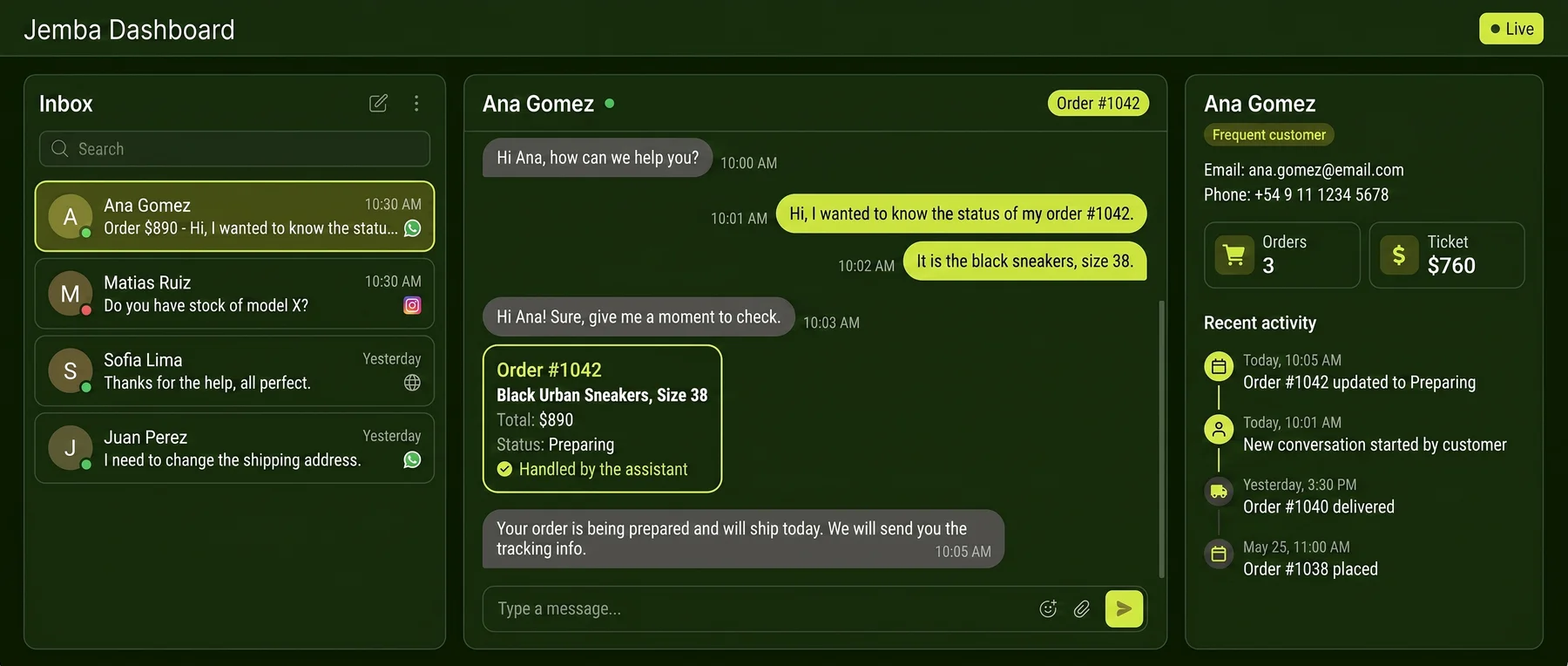Jemba dashboard: inbox, chat, and customer profile