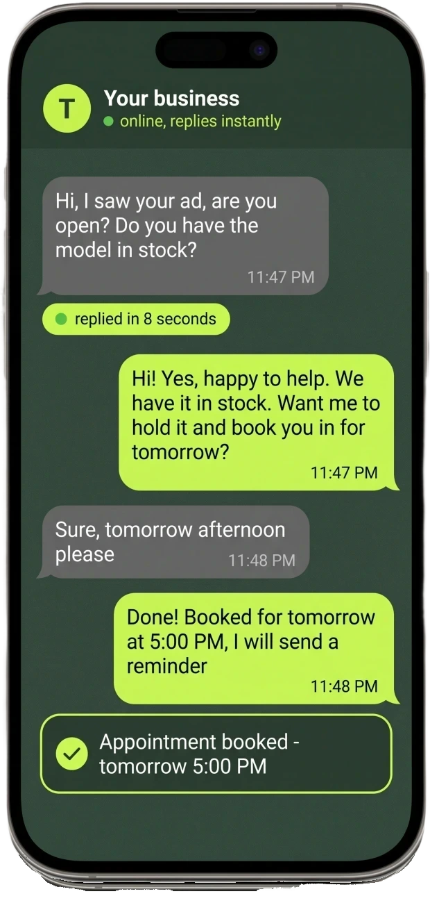 WhatsApp chat: Jemba's assistant replies in 8 seconds and books an appointment